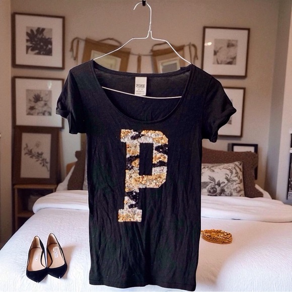 PINK Victoria's Secret Black Sequin T-Shirt leopard print sequins mcbling y2k - Picture 4 of 9